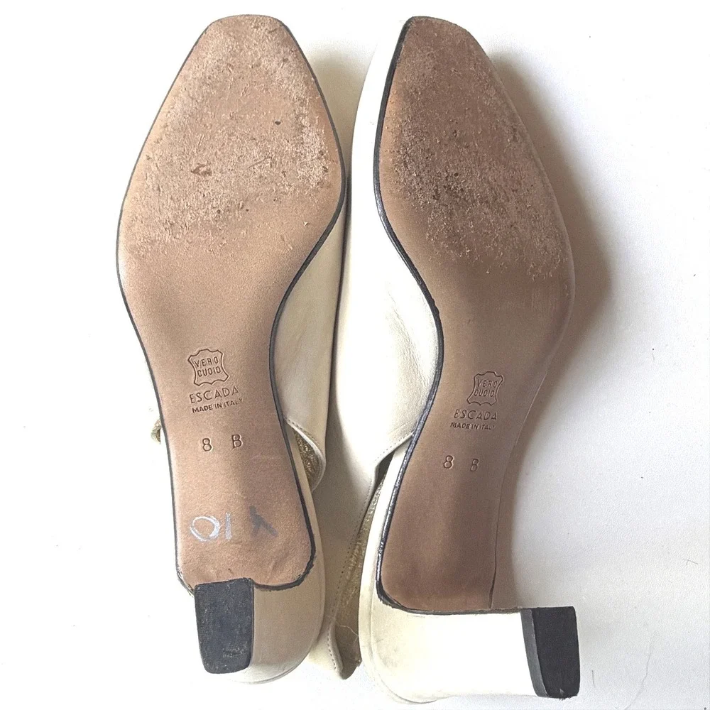 Escada Vintage Designer Peep Toe Slingback Cream Leather Heels Made Italy 8